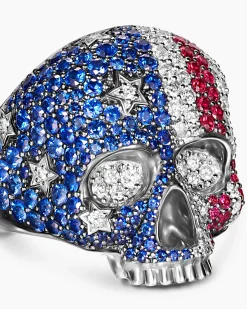 American Flag Pavé Skull Ring Sterling Silver with Sapphires, Diamonds and Rubies, 25.3mm