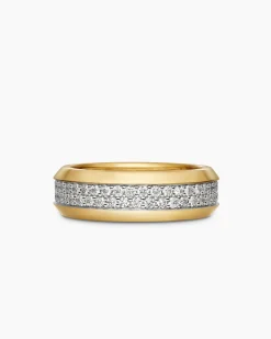 Beveled Two Row Band Ring 18K Yellow Gold with Diamonds, 8mm