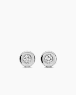 Bezel Set Stud Earrings Sterling Silver with Diamonds, 6.4mm