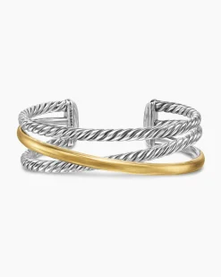 Bold Crossover Three Row Cuff Bracelet Sterling Silver with 14K Yellow Gold, 19mm