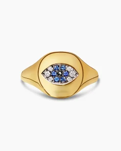 Cable Collectibles® Evil Eye Pinky Ring 18K Yellow Gold with Pavé Sapphires and Diamonds, 9.7mm