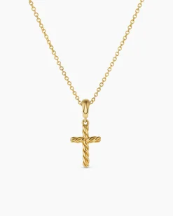 Cable Cross Pendant Necklace 18K Yellow Gold, 17.5mm