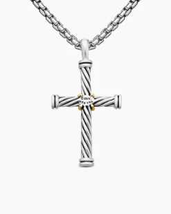 Cable Cross Pendant Sterling Silver with 18K Yellow Gold, 35mm