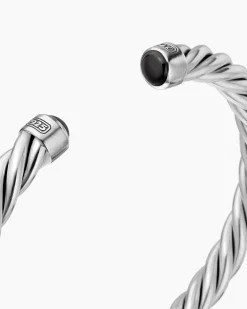 Cable Cuff Bracelet Sterling Silver with Black Onyx, 6mm