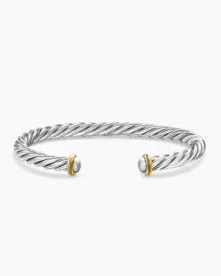 Cable Cuff Bracelet Sterling Silver with 14K Yellow Gold, 6mm