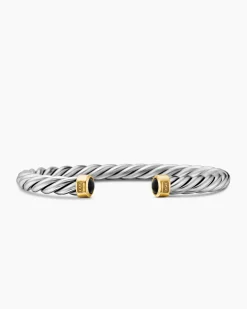 Cable Cuff Bracelet Sterling Silver with 18K Yellow Gold and Black Onyx, 6mm
