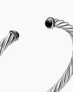 Cable Cuff Bracelet Sterling Silver with Black Onyx and Black Diamonds, 6mm