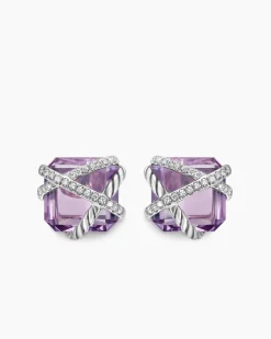 Cable Wrap Stud Earrings Sterling Silver with Lavender Amethyst and Diamonds, 12mm