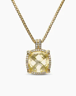 Chatelaine® Pavé Bezel Pendant Necklace 18K Yellow Gold with Champagne Citrine and Diamonds, 14mm