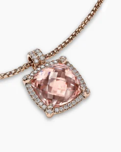 Chatelaine® Pavé Bezel Pendant Necklace 18K Rose Gold with Morganite and Diamonds, 14mm