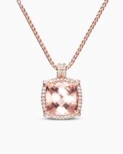 Chatelaine® Pavé Bezel Pendant Necklace 18K Rose Gold with Morganite and Diamonds, 14mm