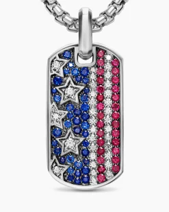 Chevron American Flag Tag Sterling Silver with Sapphires, Diamonds, and Rubies, 35mm