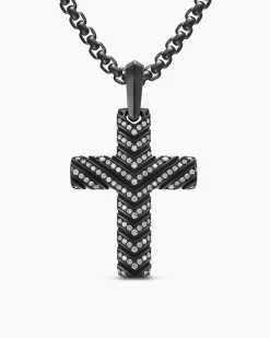 Chevron Cross Pendant Black Titanium with Diamonds, 36mm