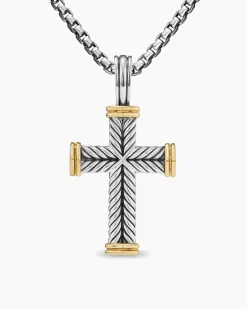 Chevron Cross Pendant Sterling Silver with 18K Yellow Gold, 33mm