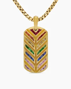 Chevron Tag 18K Yellow Gold with Rainbow Baguettes, 35mm