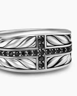 Chevron Three Sided Signet Ring Sterling Silver with Black Diamonds, 12.5mm
