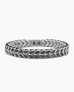 Chevron Woven Bracelet Sterling Silver with Black Diamonds and Black Nylon, 9mm