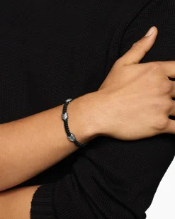 Chevron Woven Station Bracelet Black Nylon with Sterling Silver and Black Onyx, 8.6mm