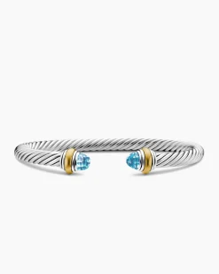 Classic Cable Bracelet Sterling Silver with 14K Yellow Gold and Blue Topaz, 5mm