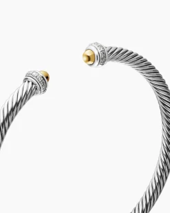Classic Cable Bracelet Sterling Silver with 18K Yellow Gold Domes and Diamonds, 4mm