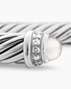 Classic Cable Bracelet Sterling Silver with Pearls and Diamonds, 5mm