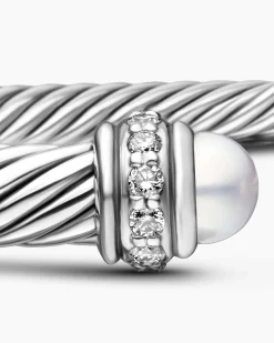 Classic Cable Bracelet Sterling Silver with Pearls and Diamonds, 4mm