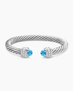 Classic Cable Bracelet Sterling Silver with Blue Topaz and Diamonds, 7mm