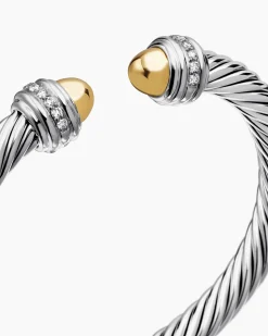 Classic Cable Bracelet Sterling Silver with 14K Yellow Gold Domes and Diamonds, 7mm