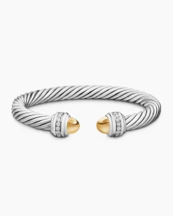 Classic Cable Bracelet Sterling Silver with 14K Yellow Gold Domes and Diamonds, 7mm