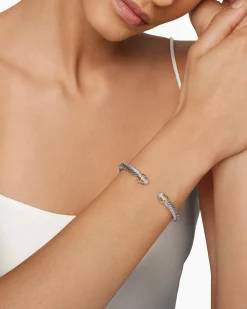 Classic Cable Bracelet Sterling Silver with 14K Yellow Gold and Pavé Diamond Domes, 5mm