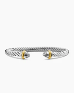 Classic Cable Bracelet Sterling Silver with 14K Yellow Gold and Pavé Diamond Domes, 5mm
