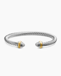Classic Cable Bracelet Sterling Silver with 14K Yellow Gold and Pavé Diamond Domes, 5mm