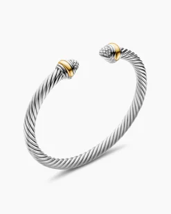 Classic Cable Bracelet Sterling Silver with 14K Yellow Gold and Pavé Diamond Domes, 5mm