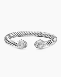 Classic Cable Bracelet Sterling Silver with Pavé Diamond Domes, 7mm