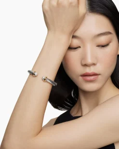 Classic Cable Bracelet Sterling Silver with 18K Yellow Gold and Pavé Diamond Domes, 7mm