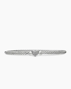 Classic Cable Heart Station Bracelet Sterling Silver with Pavé Diamonds, 3mm