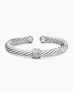 Classic Cable Station Bracelet Sterling Silver with Pavé Diamonds, 7mm