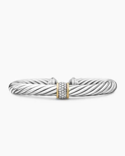 Classic Cable Station Bracelet Sterling Silver with 18K Yellow Gold and Pavé Diamonds, 7mm