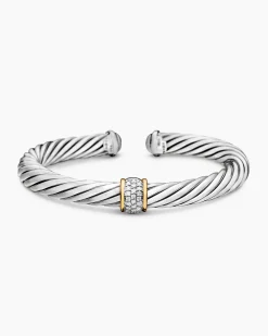 Classic Cable Station Bracelet Sterling Silver with 18K Yellow Gold and Pavé Diamonds, 7mm