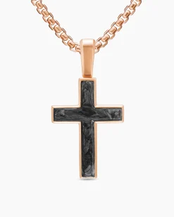 Cross Amulet 18K Rose Gold with Forged Carbon, 24mm