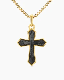 Cross Amulet 18K Yellow Gold with Forged Carbon, 28mm