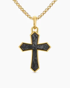 Cross Amulet 18K Yellow Gold with Forged Carbon, 28mm