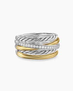 Crossover Five Row Ring Sterling Silver with 18K Yellow Gold and Diamonds, 11mm