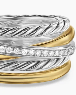 Crossover Five Row Ring Sterling Silver with 18K Yellow Gold and Diamonds, 11mm