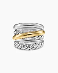 Crossover Five Row Ring Sterling Silver with 14K Yellow Gold, 17.5mm