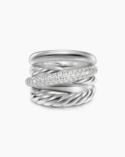 Crossover Five Row Ring Sterling Silver with Diamonds, 17.5mm