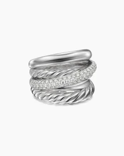 Crossover Five Row Ring Sterling Silver with Diamonds, 17.5mm