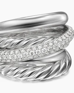 Crossover Five Row Ring Sterling Silver with Diamonds, 17.5mm