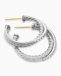 Crossover Hoop Earrings Sterling Silver with Diamonds, 26.5mm