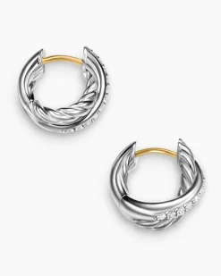 Crossover Huggie Hoop Earrings Sterling Silver with Diamonds, 12.4mm